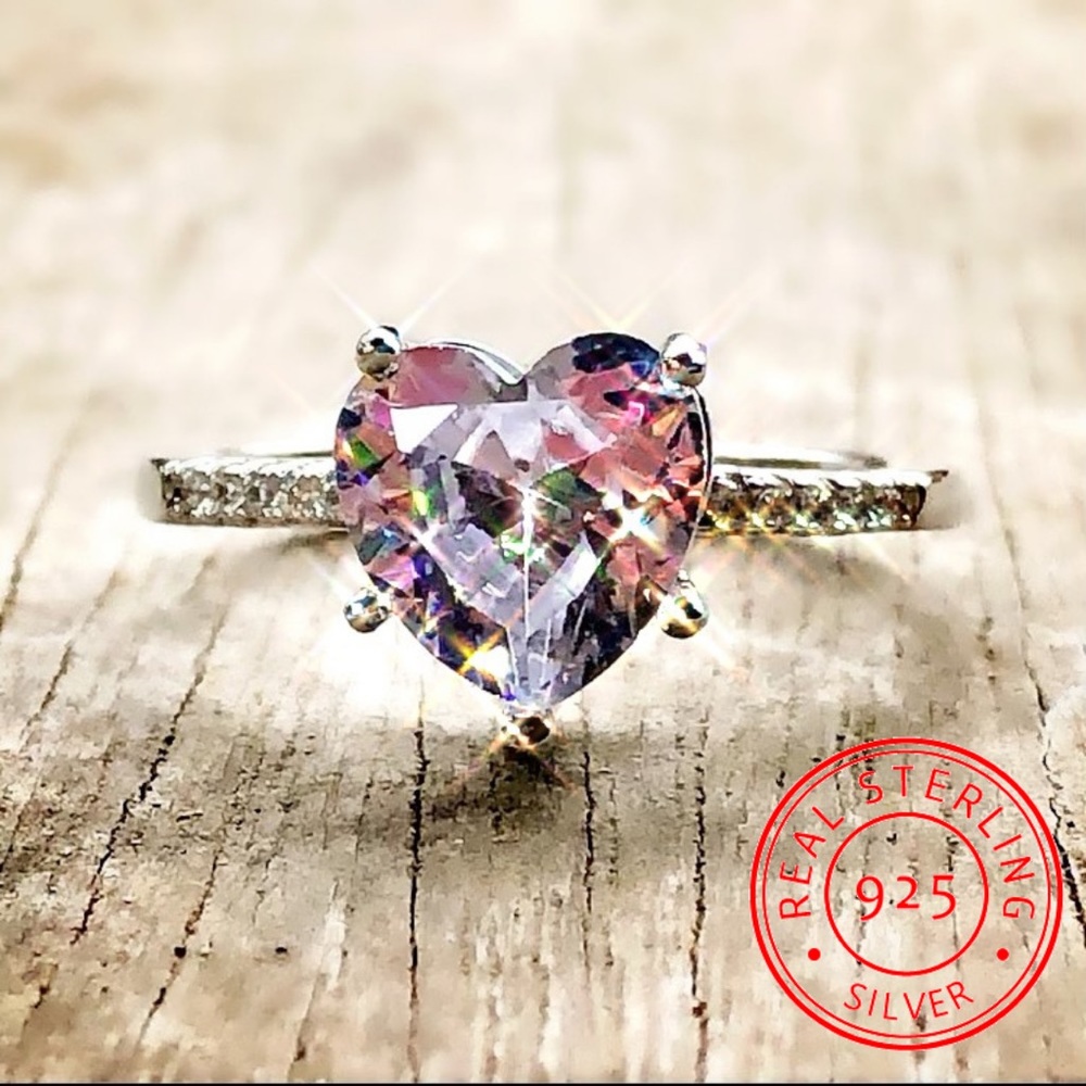 925 Silver Heart Diamond Ring - Picture 1 of 9